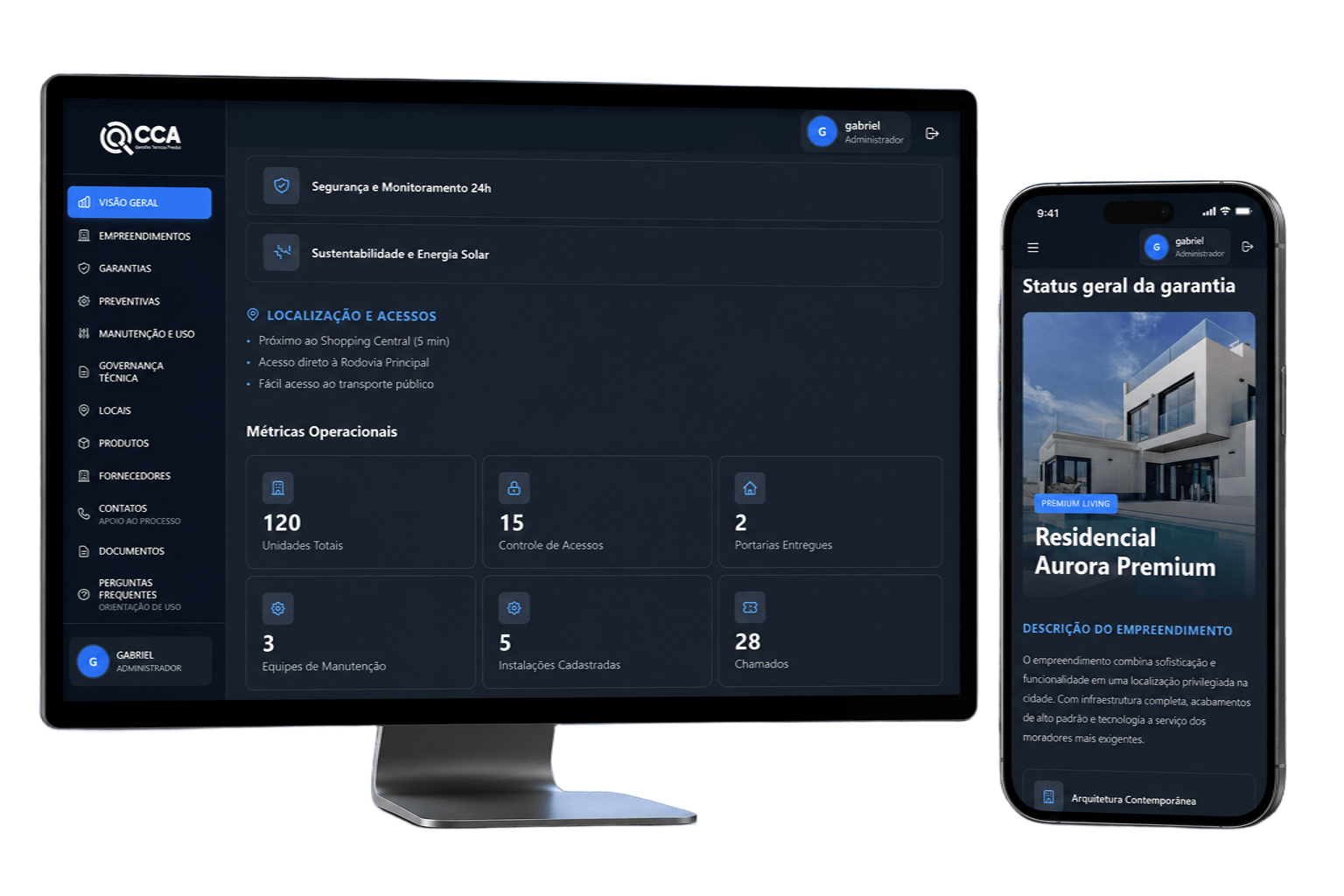 Plataforma CCA — mockups desktop e mobile